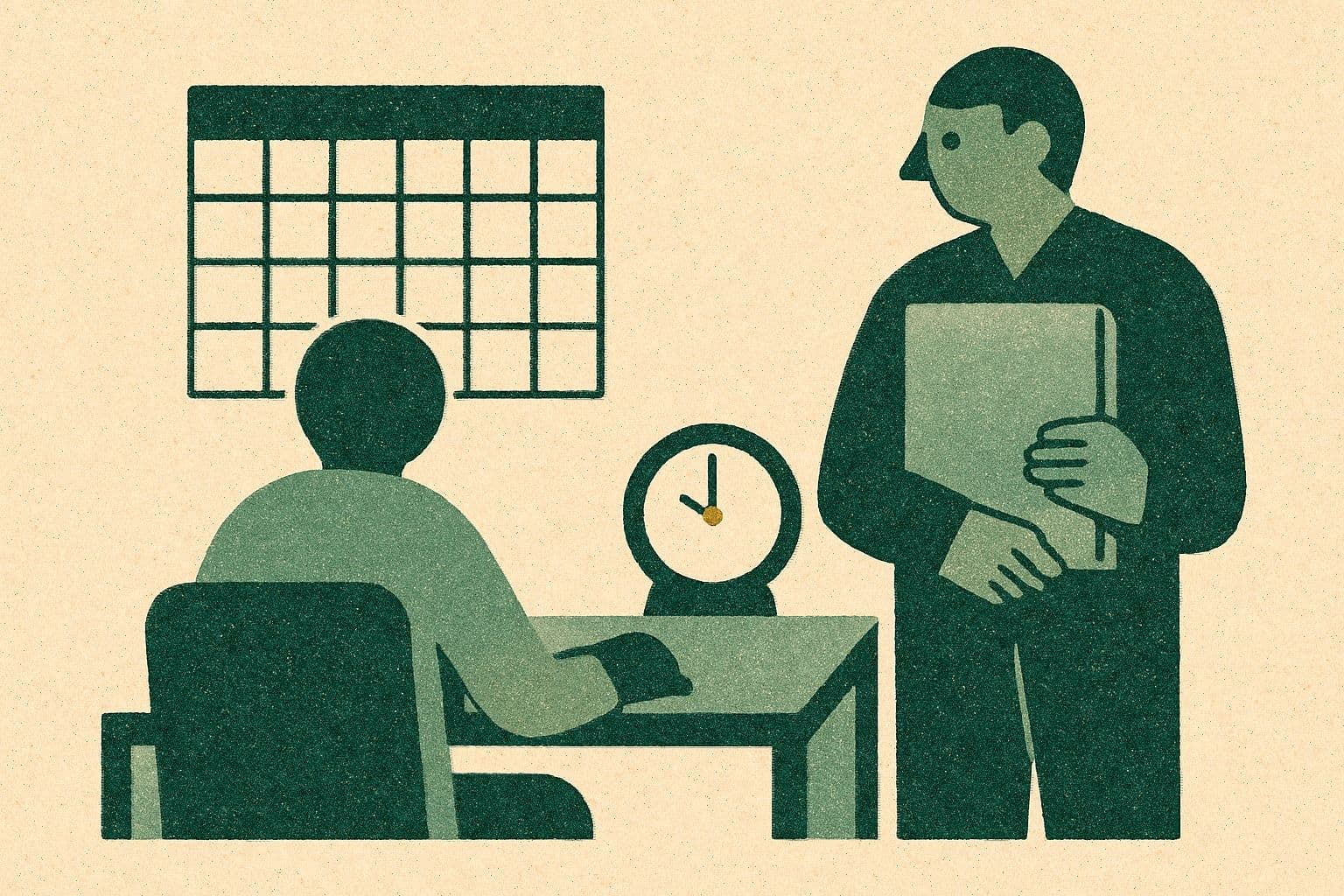 Illustration of two office figures at a desk with a plain calendar, a closed folder, and a small clock.