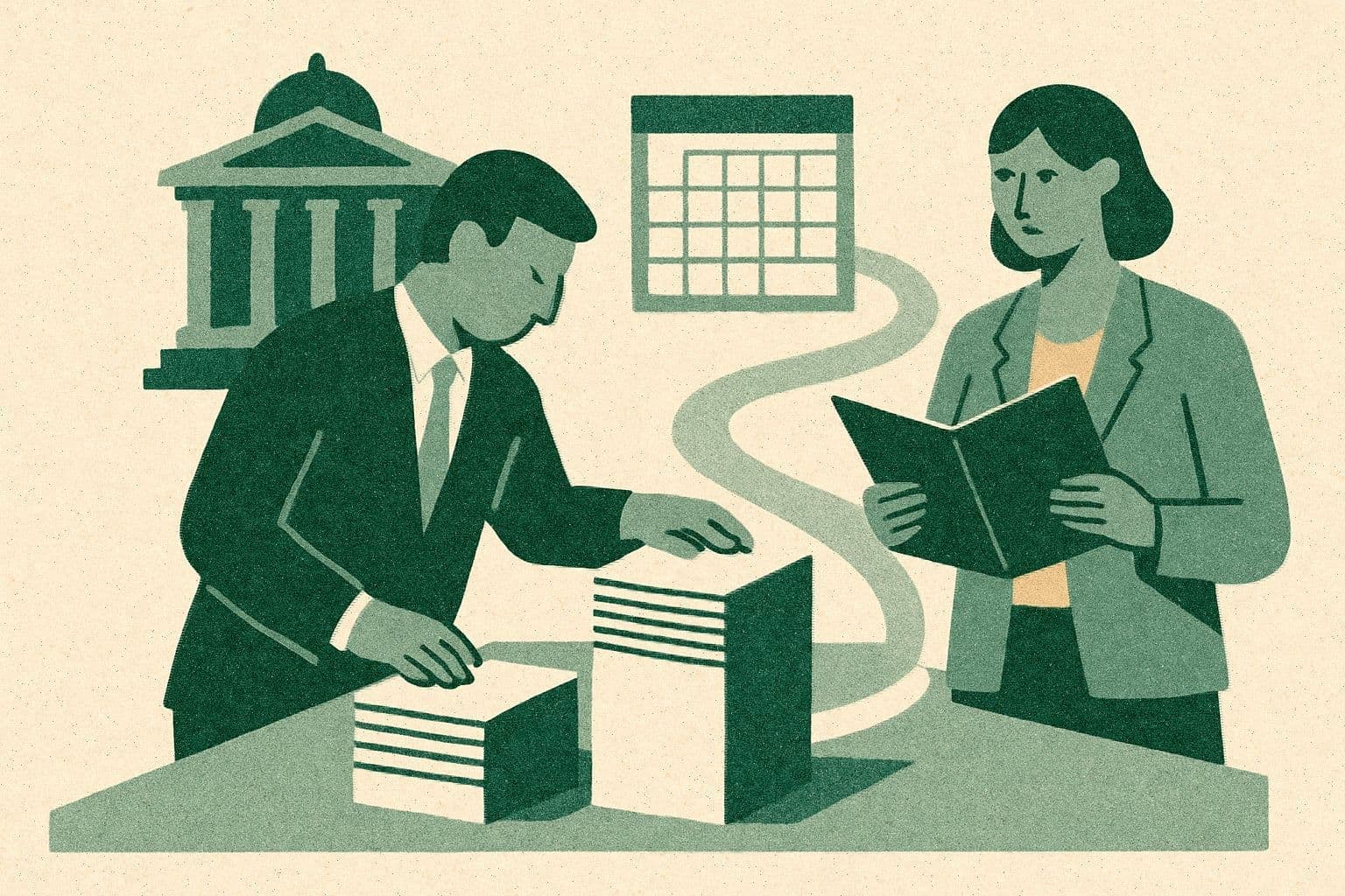Illustration of two office figures, three document stacks, a folder, courthouse, calendar, and side path.