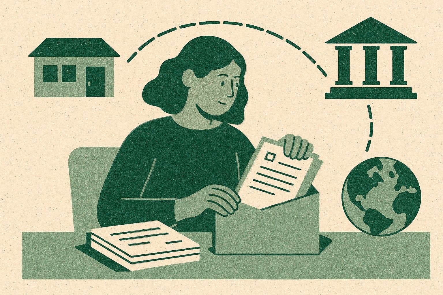 Illustration of a paralegal at her desk sliding a record into an envelope, with a dashed path from a clinic to a government building and a globe