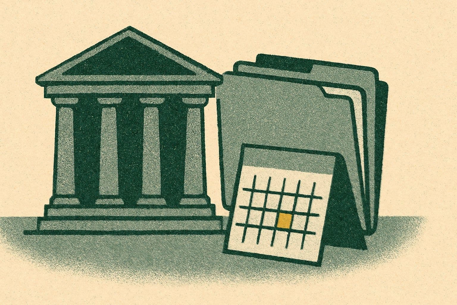 Illustration of a courthouse beside stacked file folders and a desk calendar on a desk.