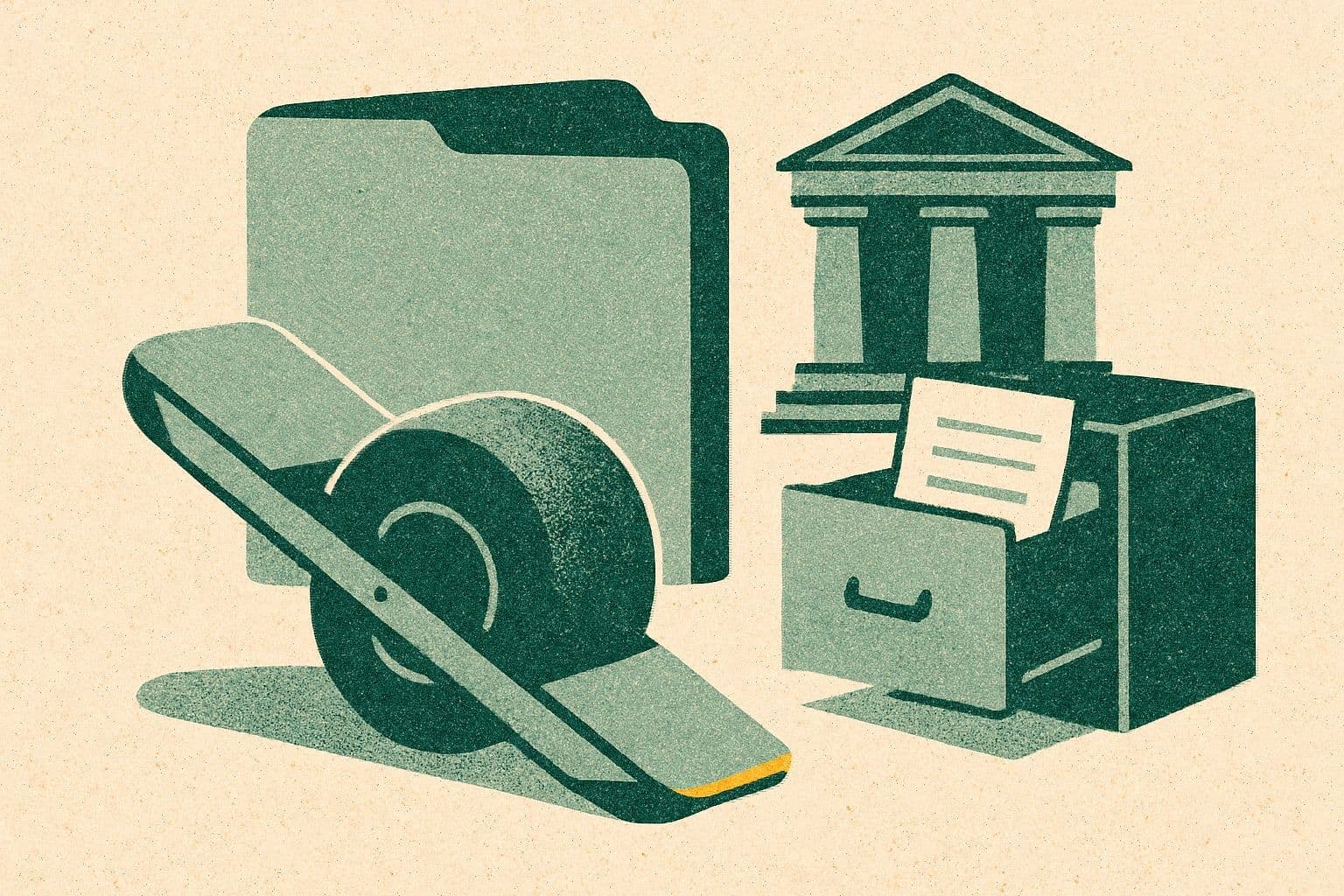 Illustration of a one-wheel board beside a folder, courthouse, and open filing cabinet drawer.