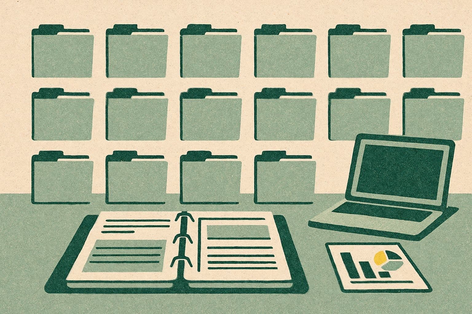 Illustration of fifteen folders around an open binder, with a laptop and small chart.