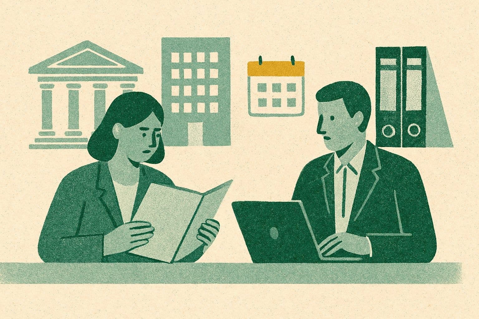 Illustration of two office figures at a desk with folder, laptop, calendar, binders, and courthouse.
