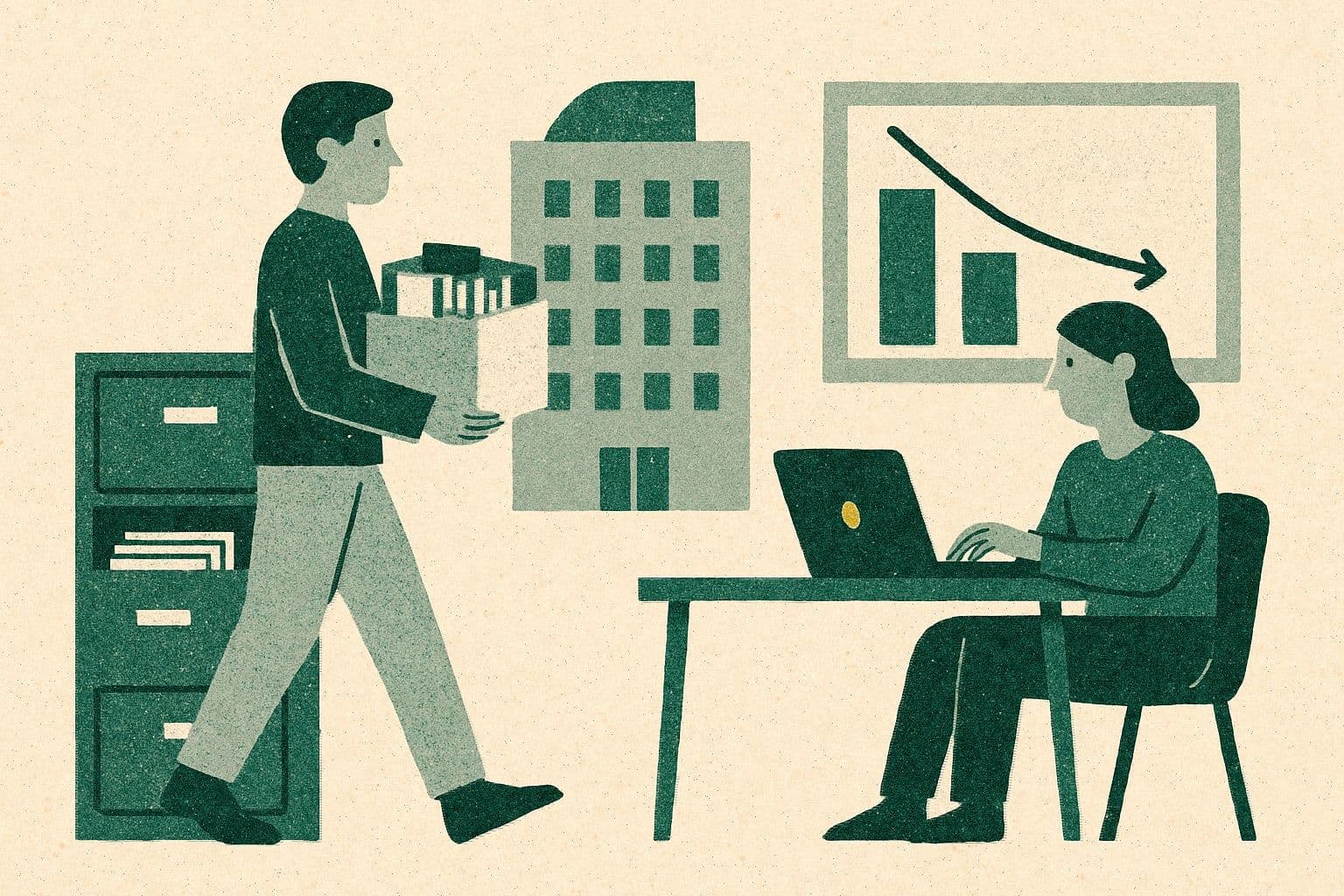 Illustration of two office figures moving folders from a filing cabinet to a laptop desk with an office building and chart.