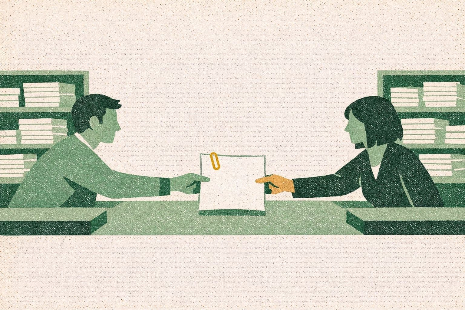 Two people at facing counters pass a single sheet of paper across a shared table, shelves of record stacks behind each