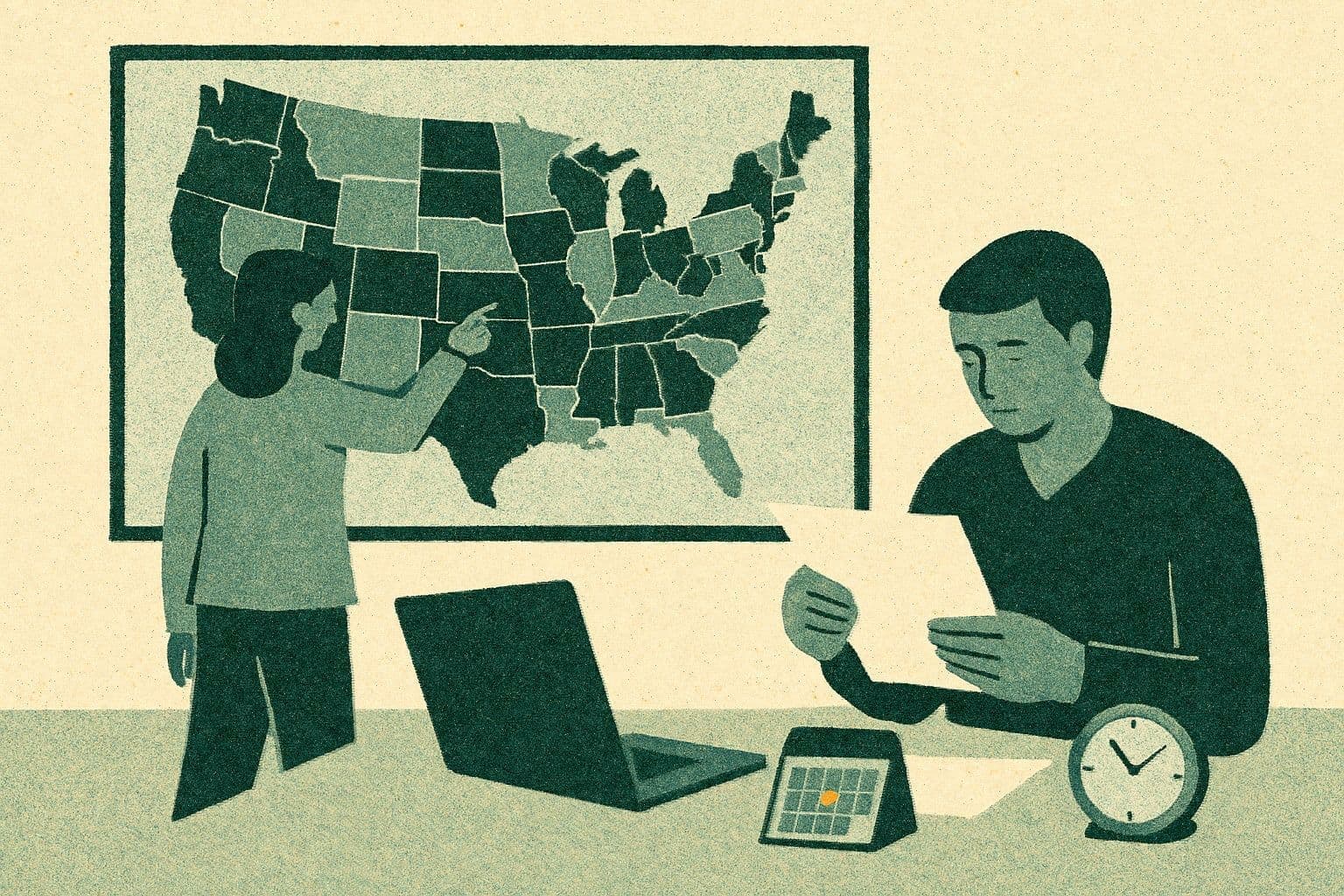 Illustration of two office figures with a map, laptop, document, calendar, and clock at a desk.