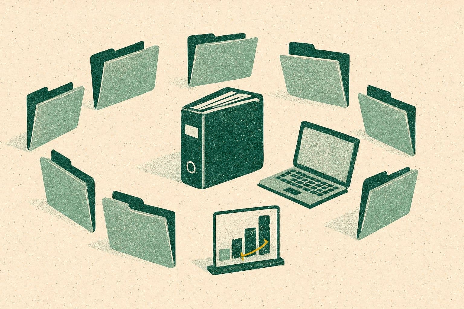 Illustration of eight plain folders around a central binder, with a laptop and small chart.