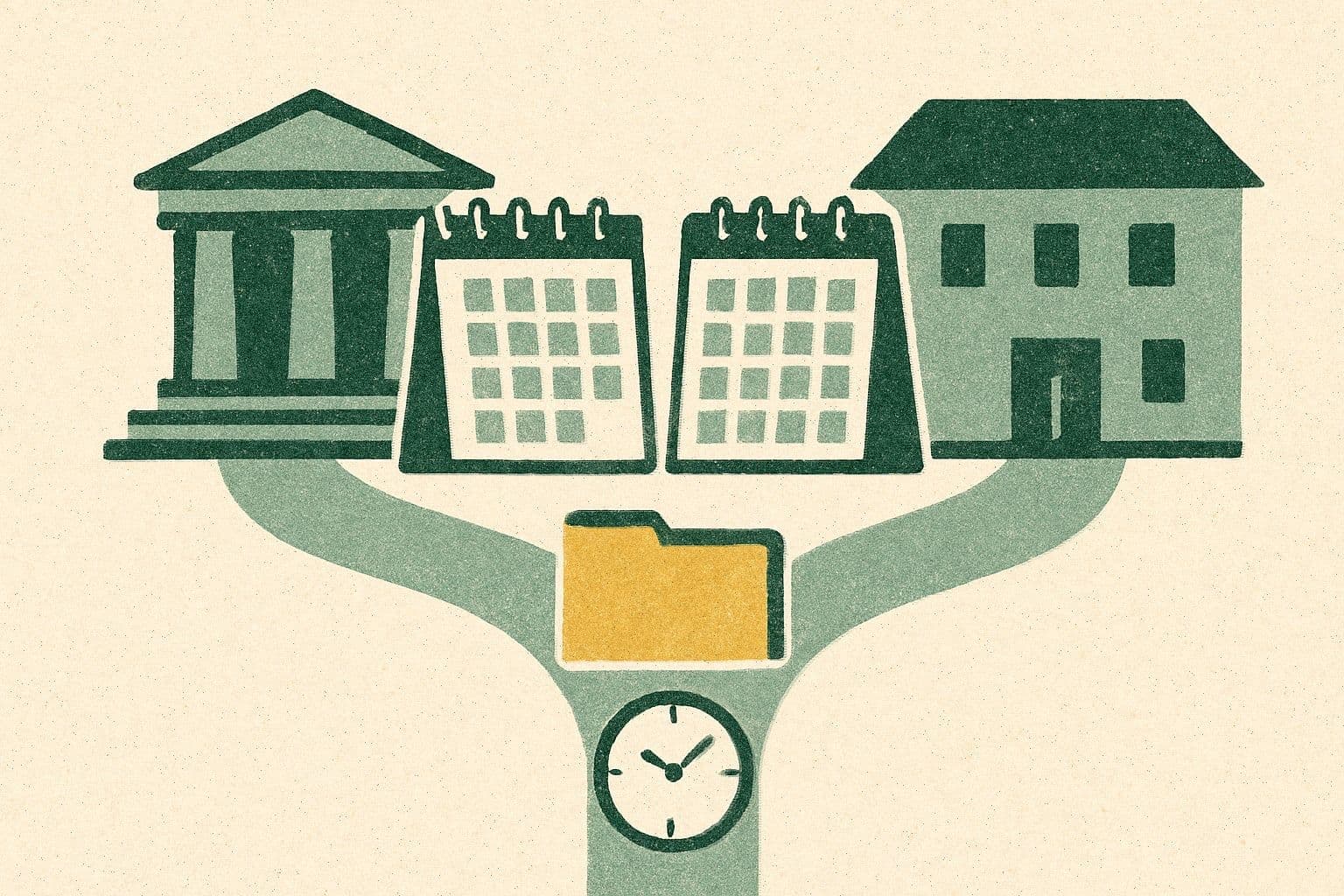 Illustration of two calendars, courthouse, clinic, folder, and small clock connected by short paths