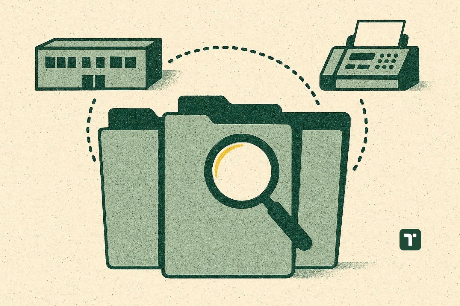 Illustration of three file folders with a magnifying glass, linked by dotted lines to an office building and a fax machine.