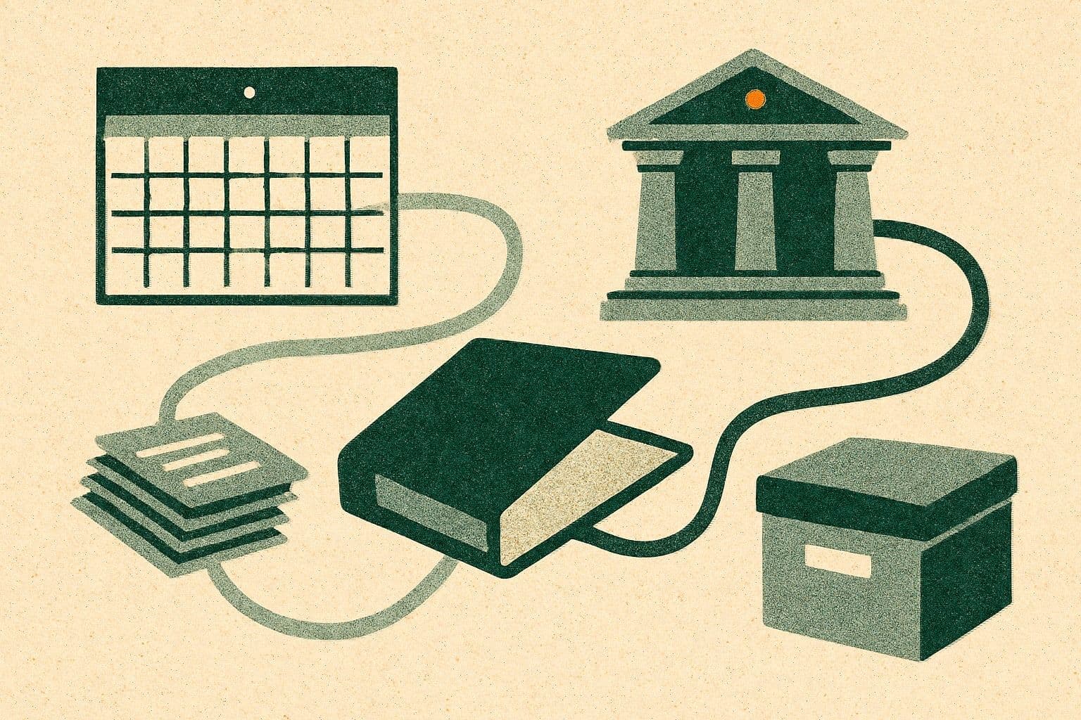 Illustration of an open folder, calendar, courthouse, document stack, and archive box linked by two paths.