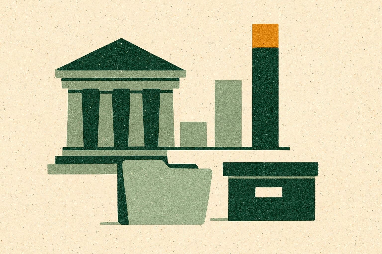 Illustration of a courthouse, a three-part chart, a plain folder, and a closed archive box.
