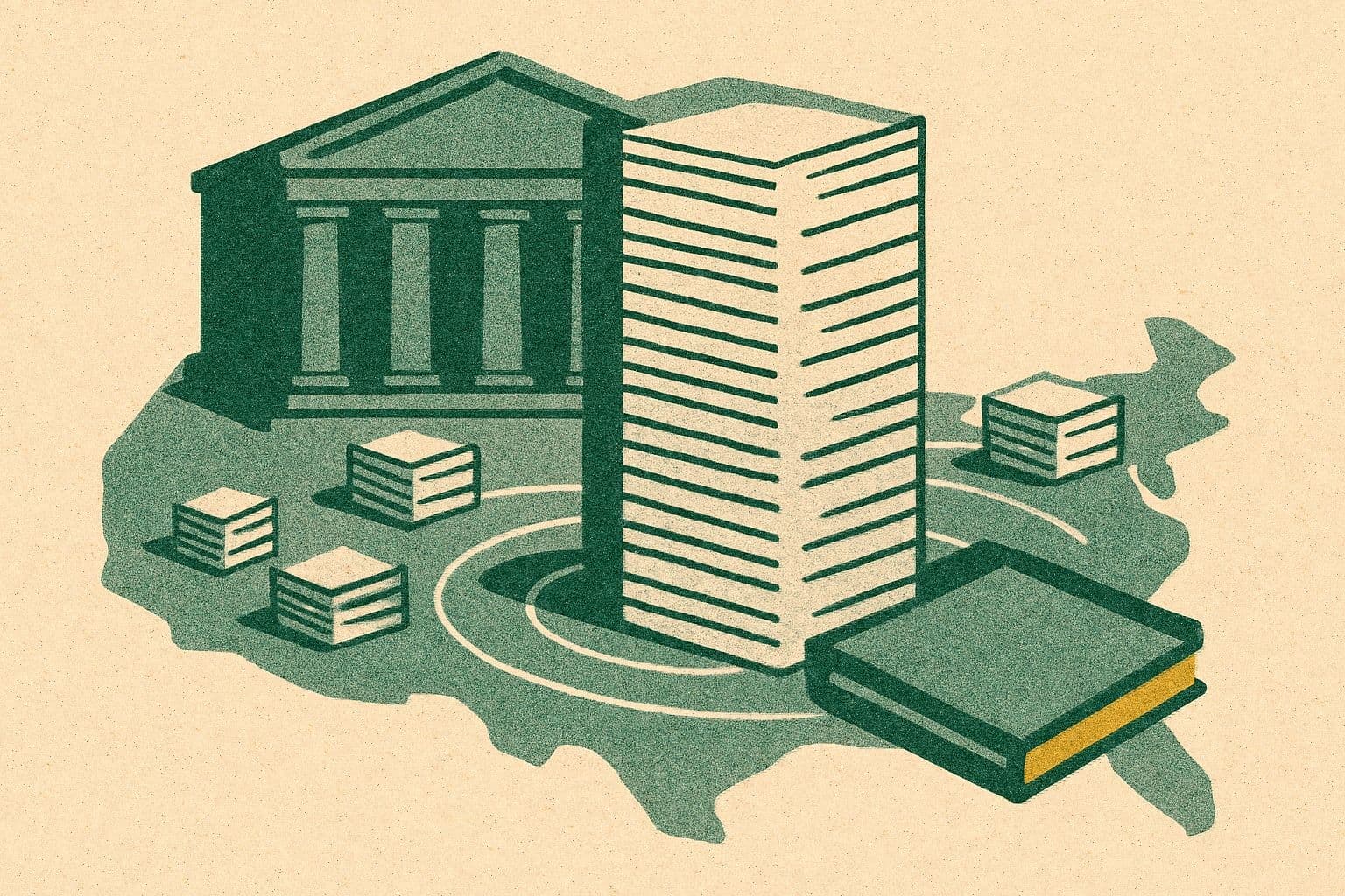 Illustration of a courthouse, one tall document stack, smaller stacks on a map, and a binder.