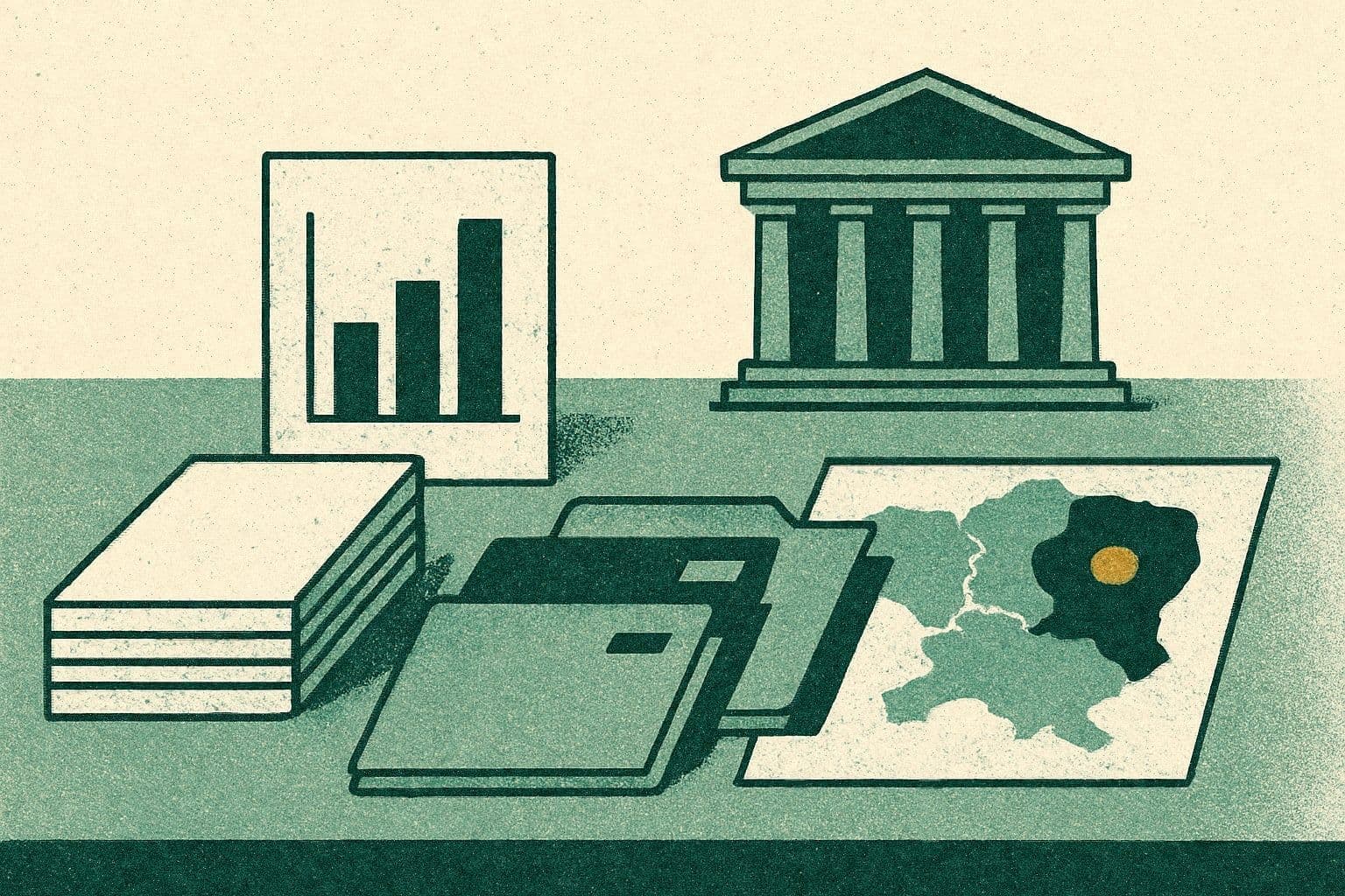 Illustration of document stack, chart, three folders, courthouse building, and small map.