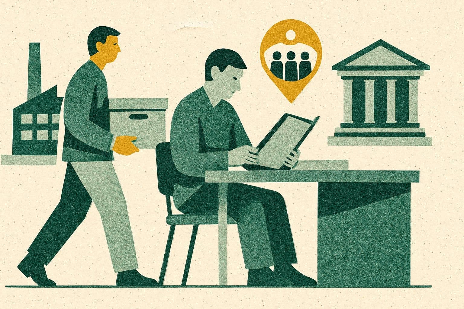Illustration of two office figures with an archive box and binder near a factory and courthouse