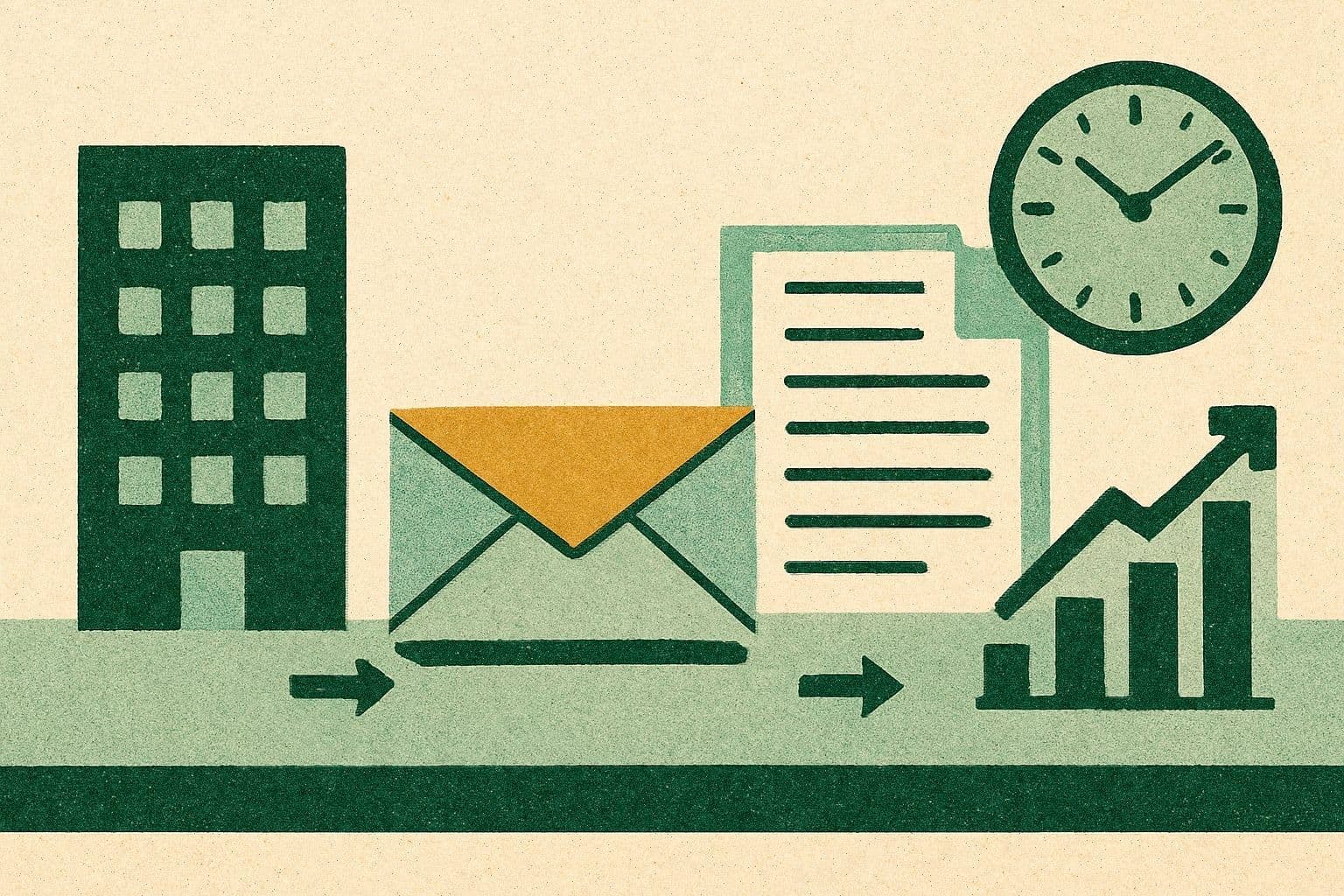 Illustration of an envelope moving past an office building, document stack, chart, and clock on a desk.