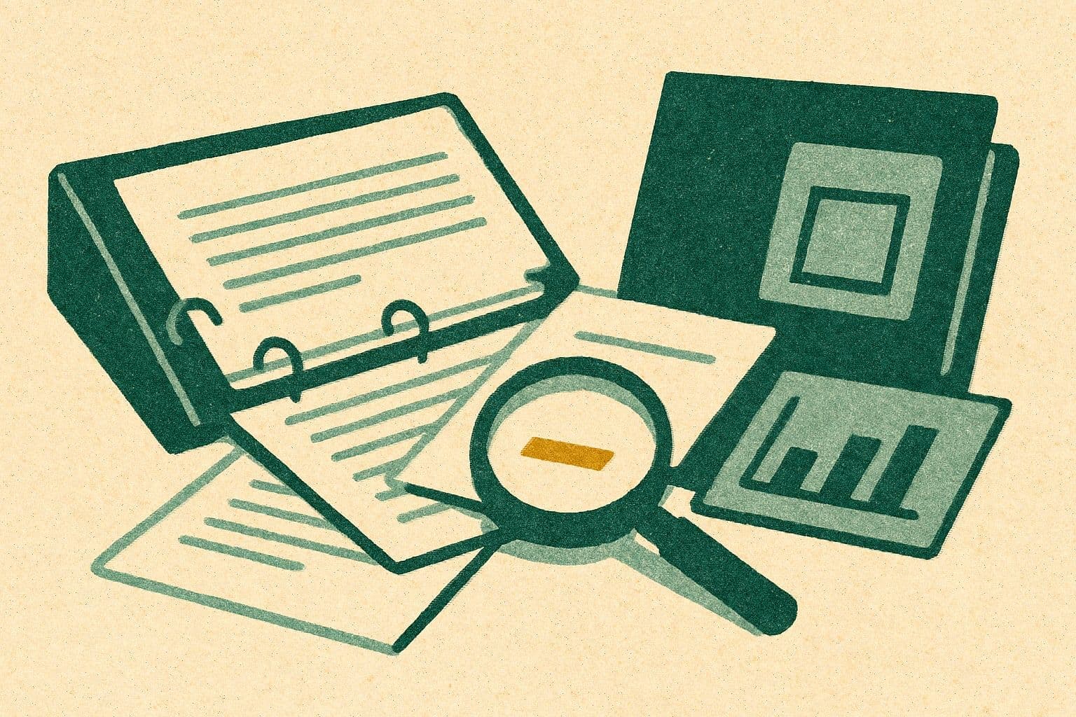 Illustration of an open binder, loose documents, magnifying glass, small chart, and closed folder.