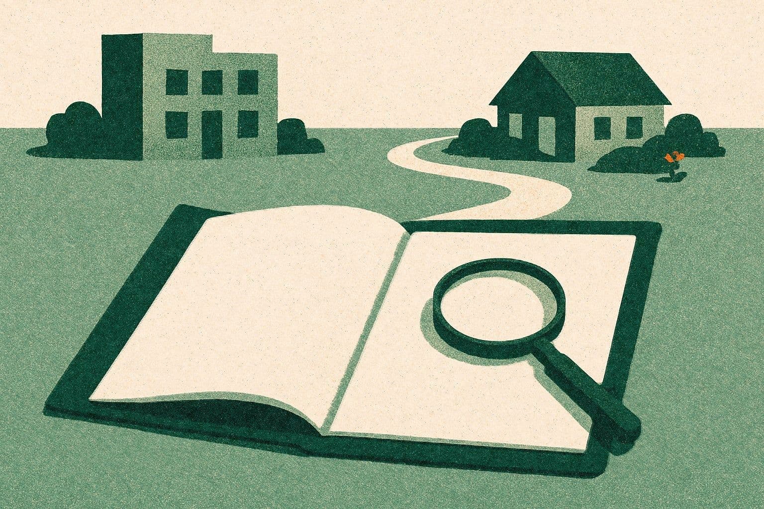 Risograph illustration of an open folder of blank papers with a magnifying glass, and a winding path linking a hospital building to a small house