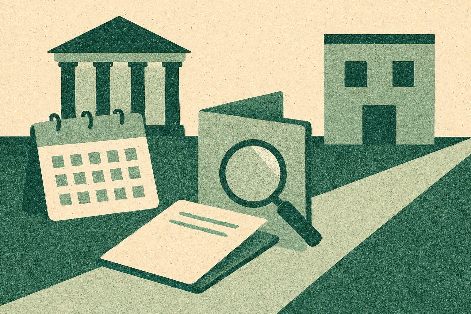 Illustration of a courthouse, clinic, calendar, open folder, and magnifying glass over a document