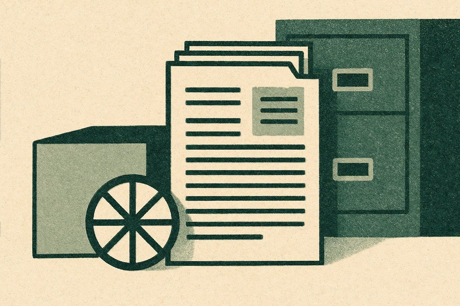 Illustration of a box, simple spoked disc shape, filing cabinet, and document stack.