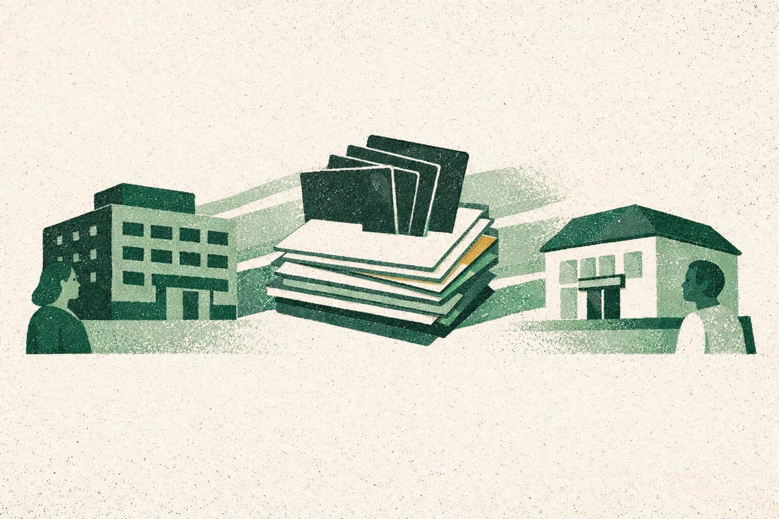 Illustration of a blank record folder and radiology films moving between a hospital and a clinic.
