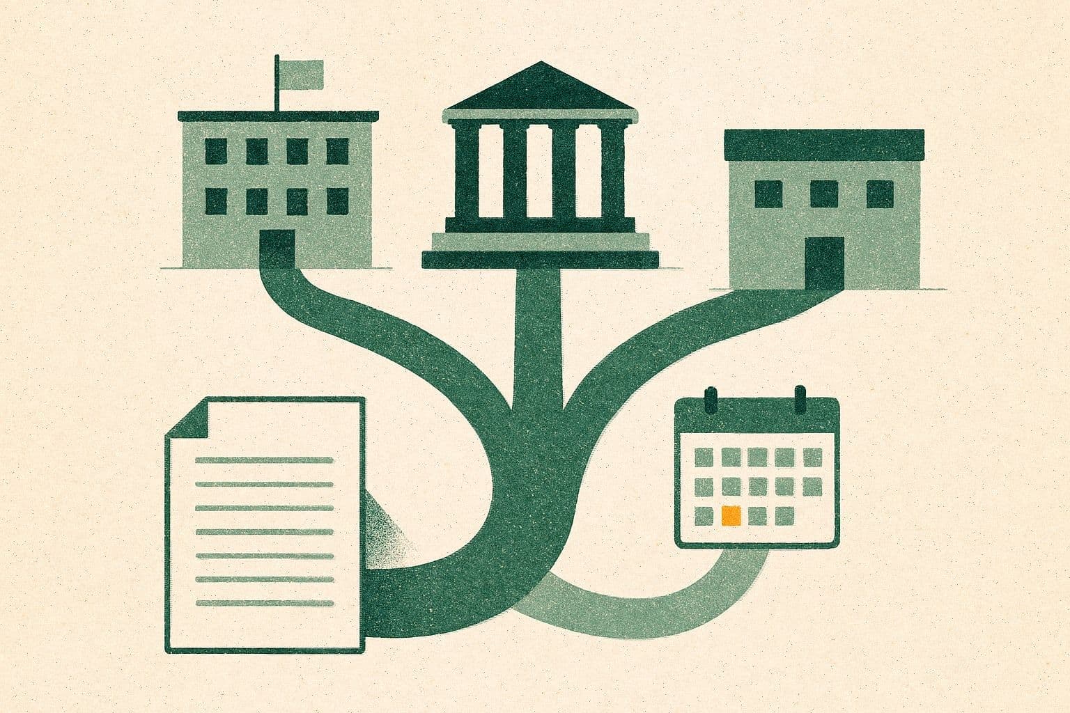 Illustration of documents branching toward courthouse, government office, and clinic, with a calendar.