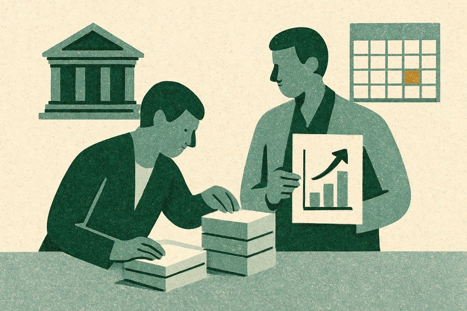 Illustration of two office figures arranging three document stacks beside a chart, courthouse, and calendar.