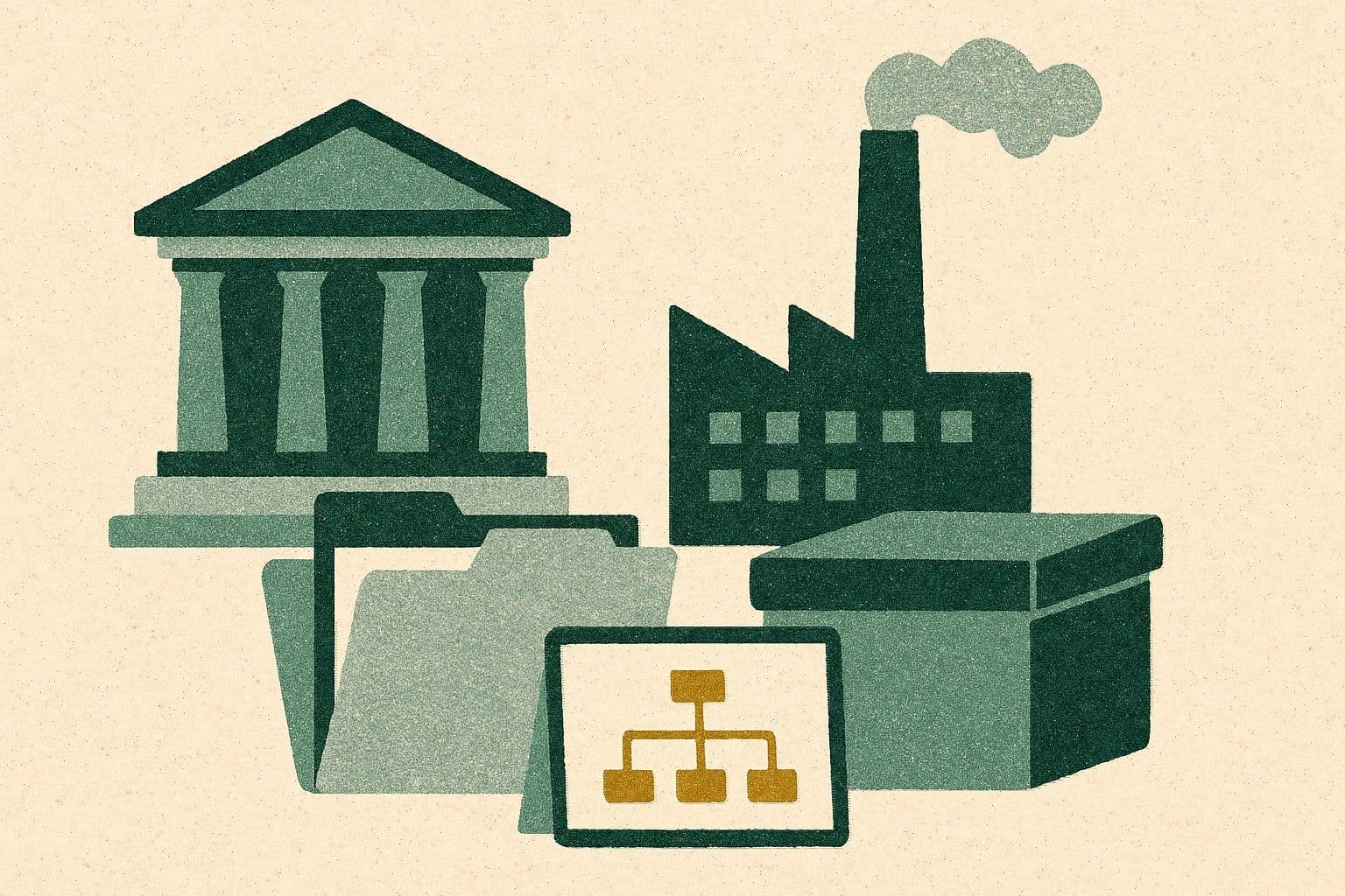 Illustration of a courthouse and factory with folders, a closed box, and a small chart.
