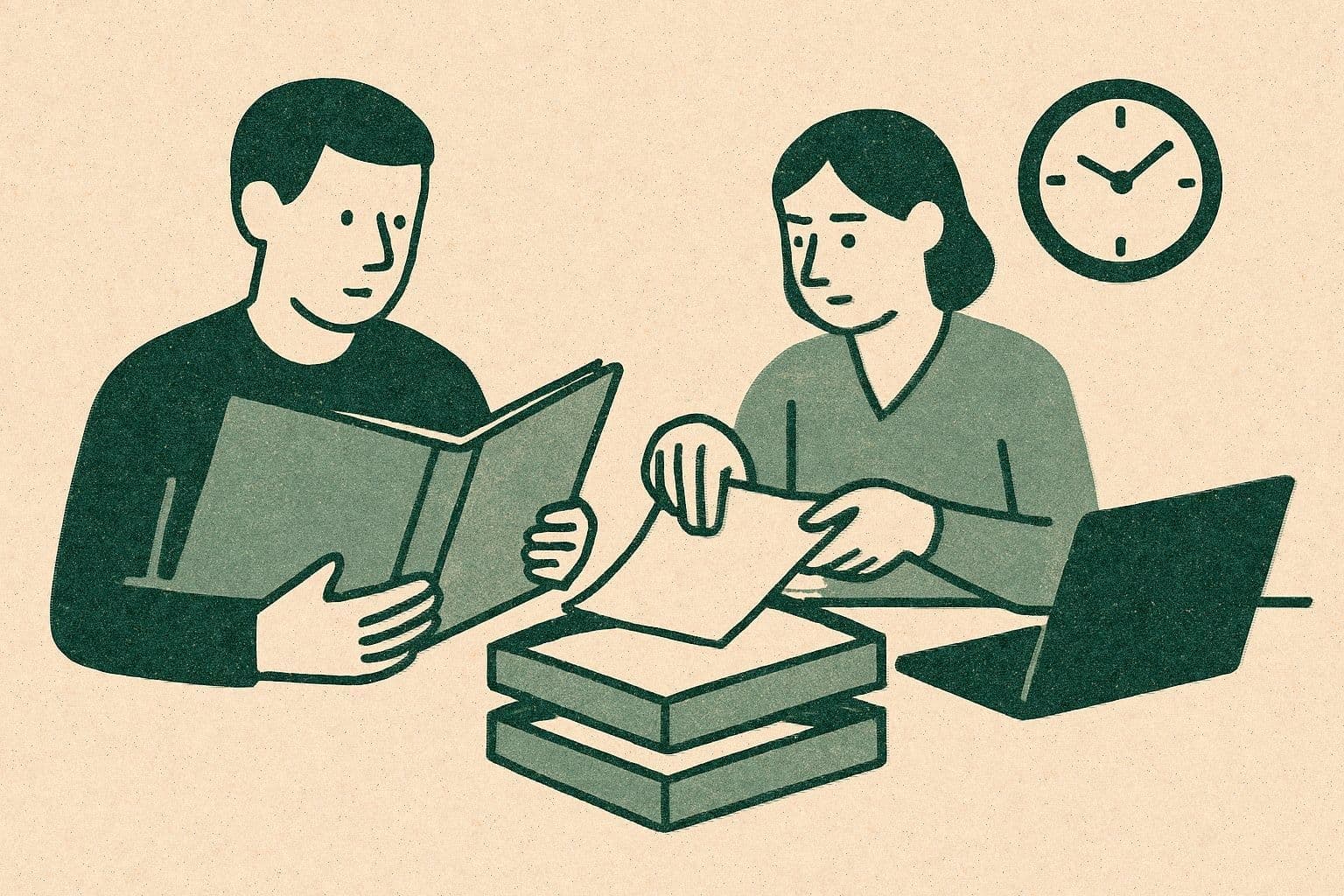 Illustration of two office figures reviewing a binder and sorting pages into trays beside a laptop and clock.