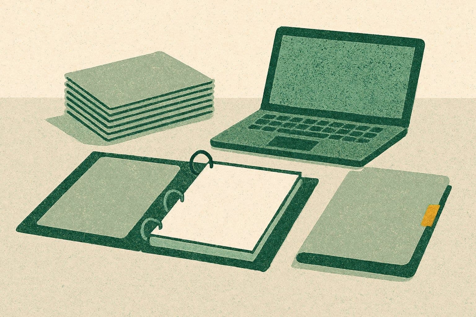 Illustration of a desk with an open binder, document stack, folder, and laptop arranged into a demand packet.