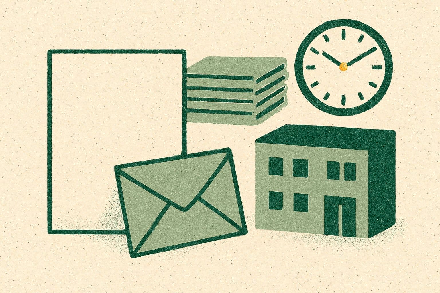 Illustration of a plain document, envelope, clinic building, folder stack, and clock.