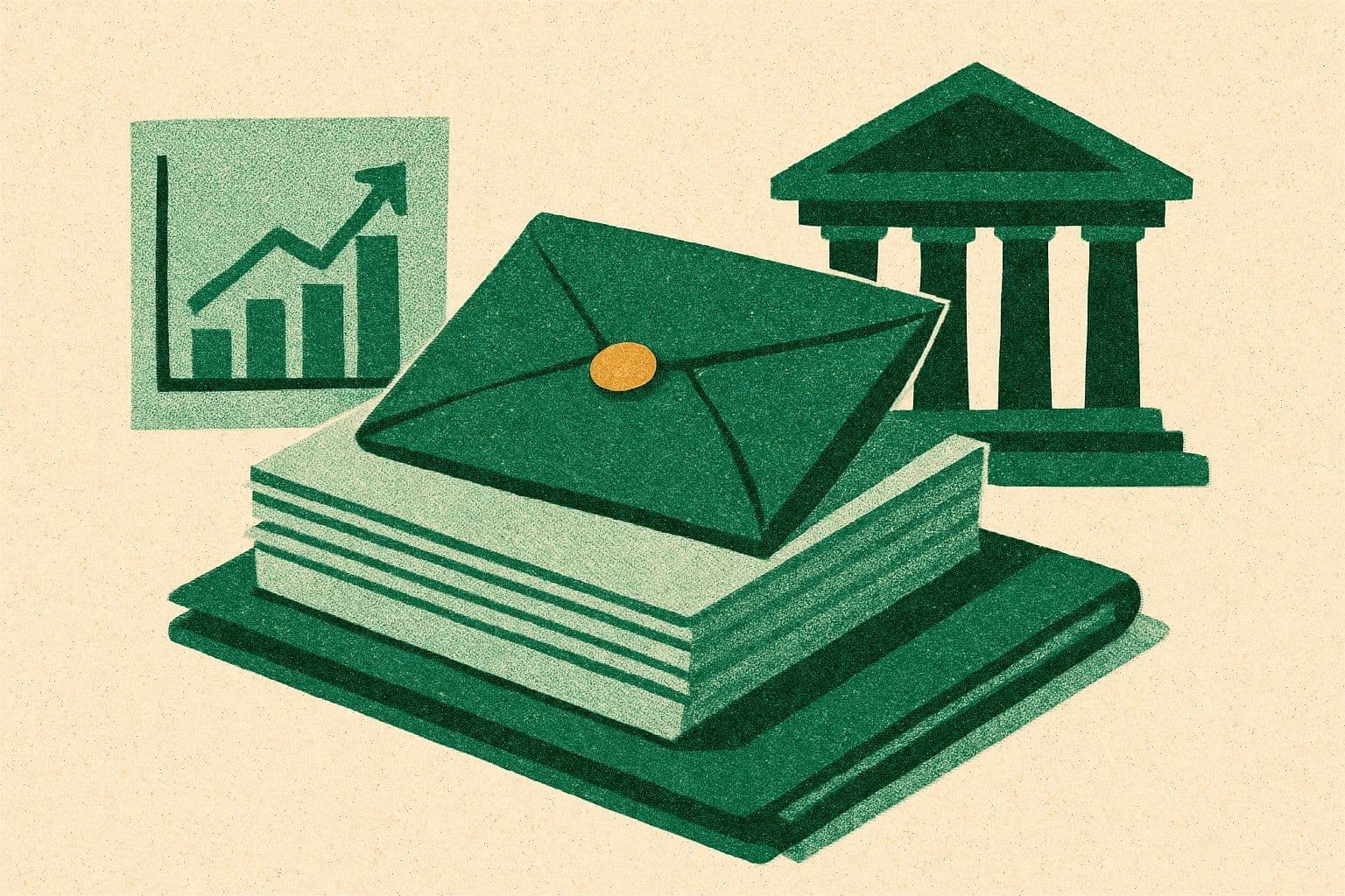 Illustration of a sealed envelope on document stacks beside a chart, courthouse, and folder.