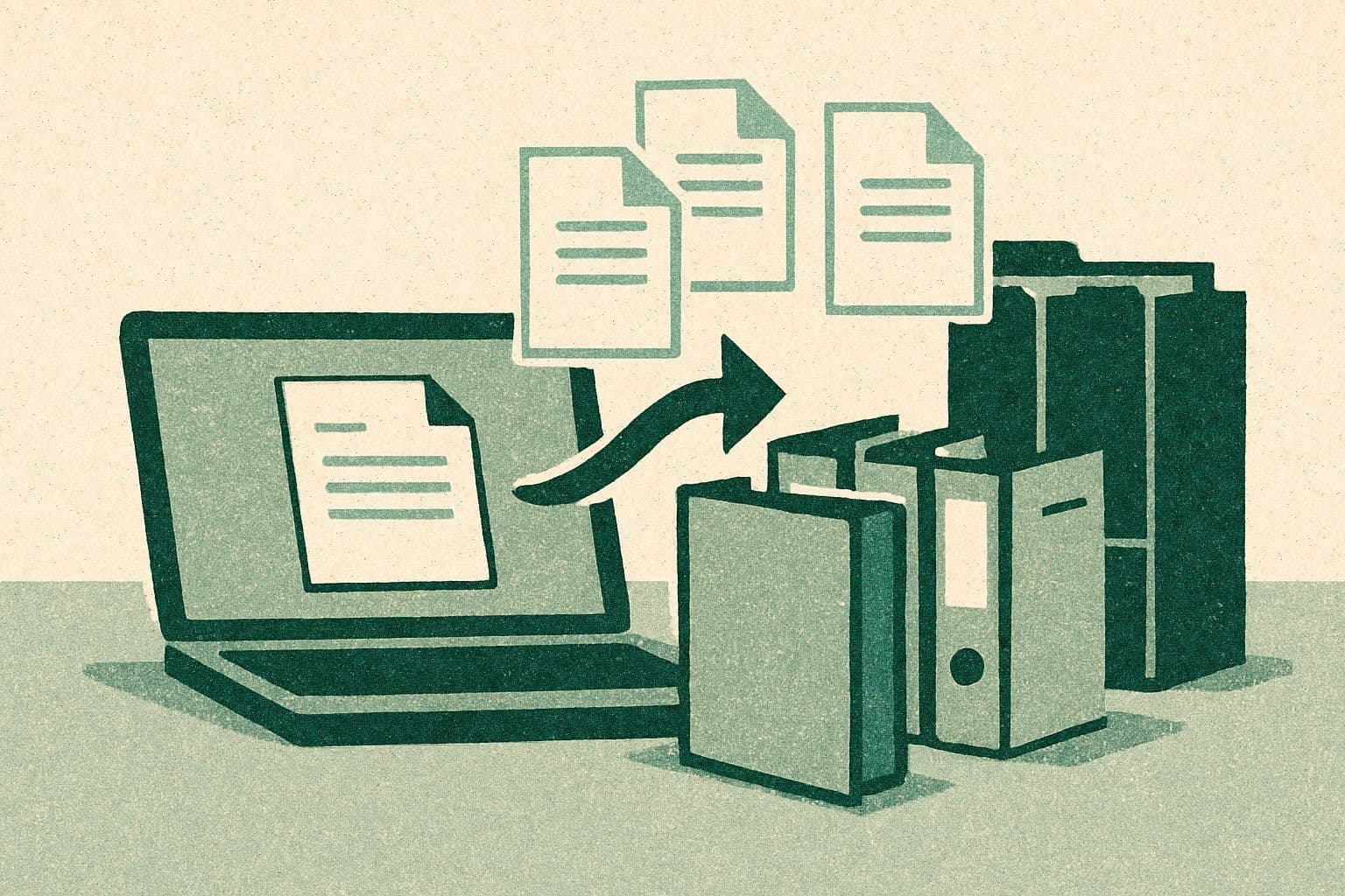 Illustration of a laptop, plain documents, folders, binder, and small filing cabinet on a desk.