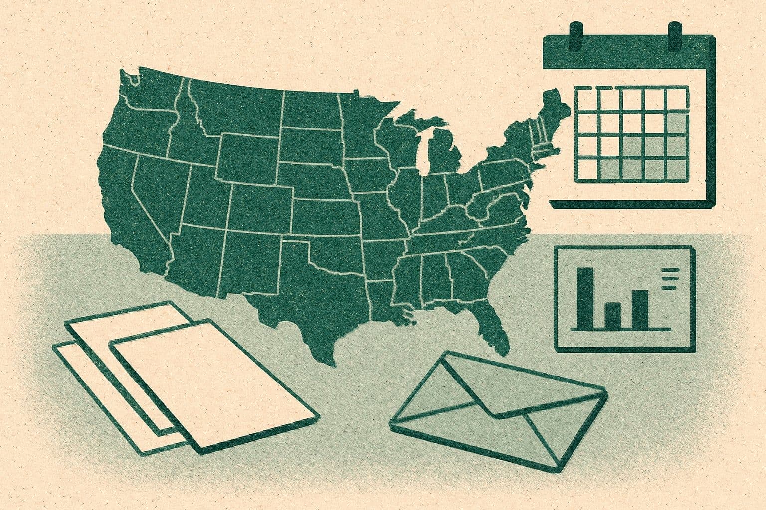 Illustration of a map, three document stacks, a sealed envelope, wall calendar, and small chart on a desk.
