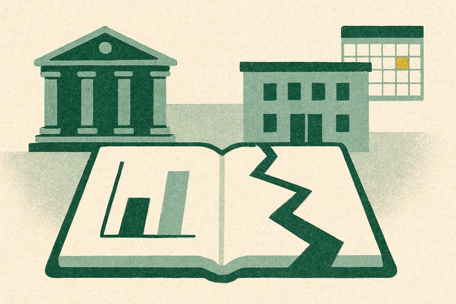 Illustration of a courthouse, clinic, open binder, chart column, broken path, and calendar.
