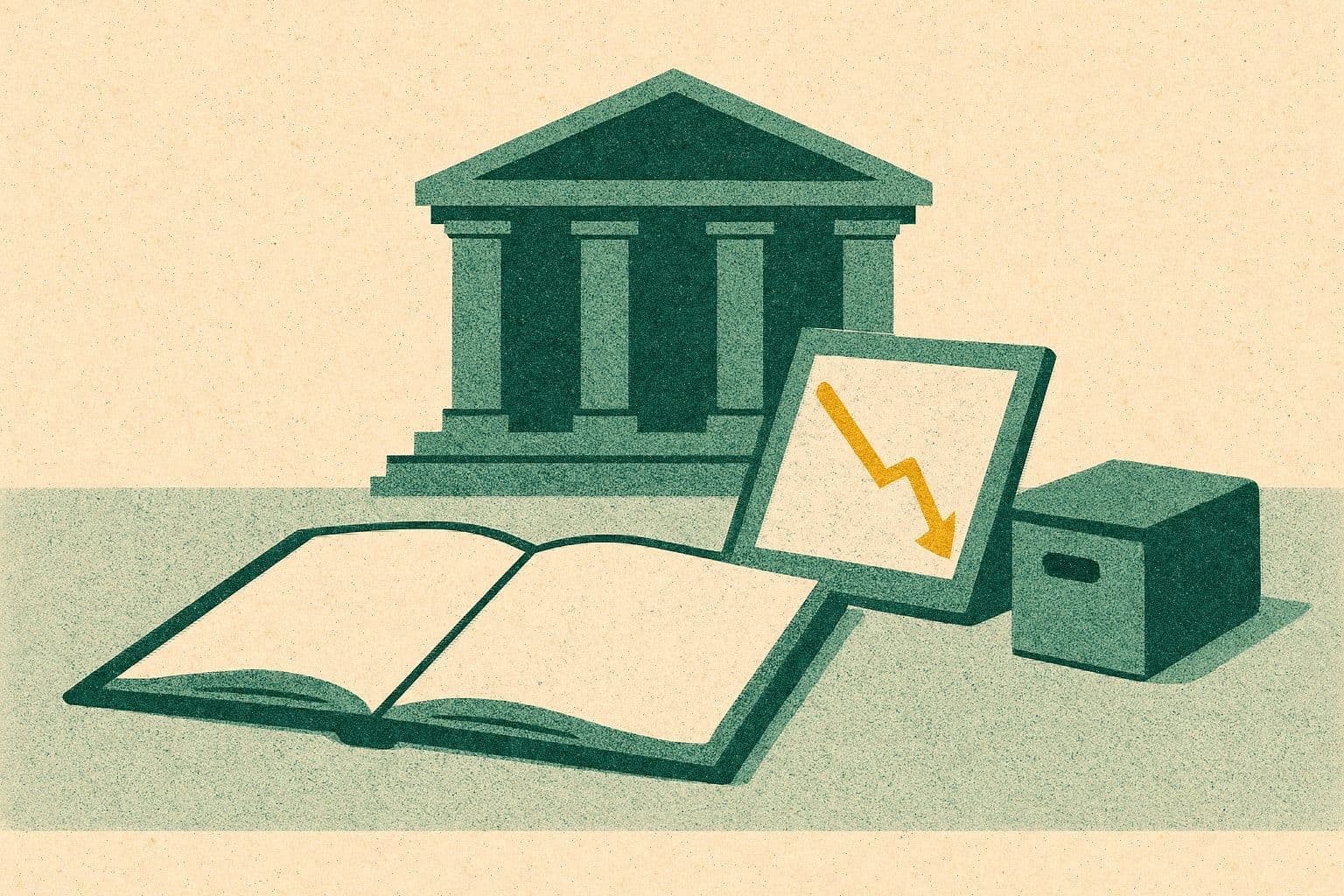 Illustration of a courthouse building, open binder, tilted chart panel, and archive box on a desk.