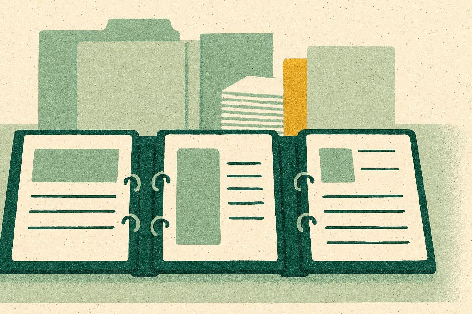 Illustration of three open binders with different simple layouts, folders behind, and a document stack.