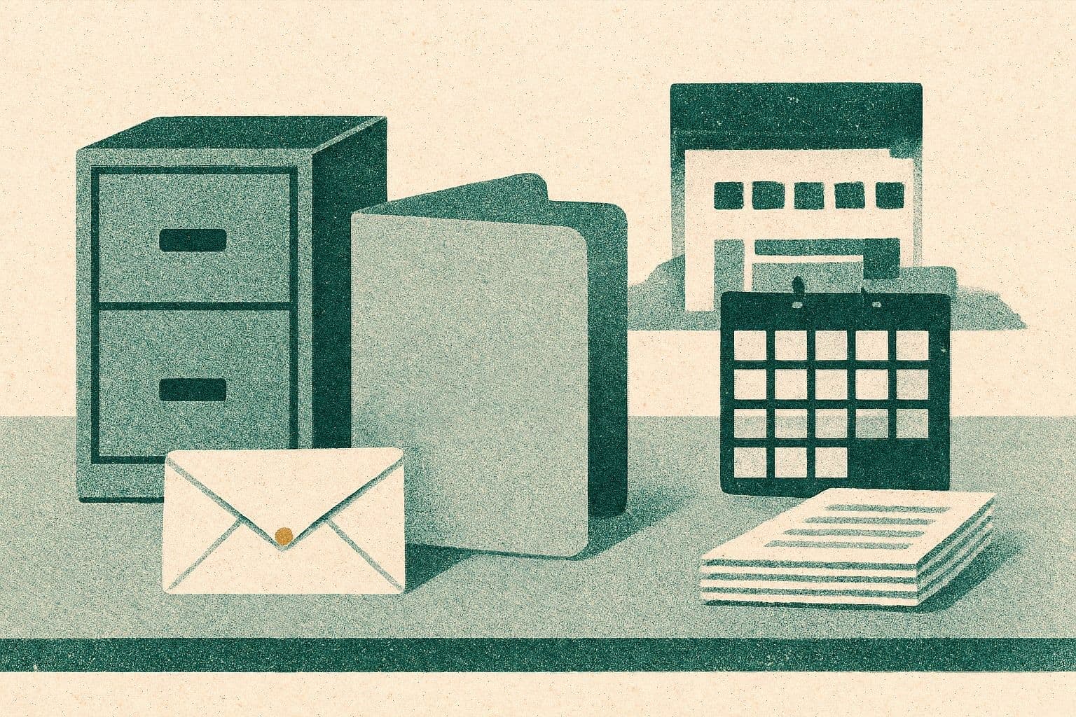 Illustration of a filing cabinet, folder, calendar, clinic building, envelope, and stack of pages.