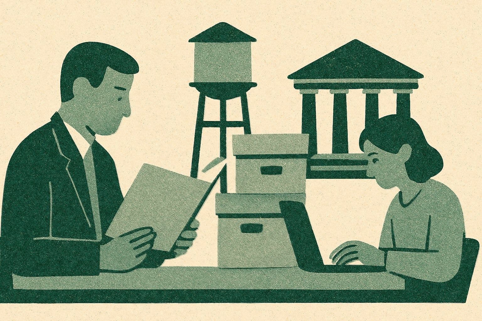 Illustration of two office figures at a desk with a folder and laptop, beside a water tower, courthouse, and file boxes.