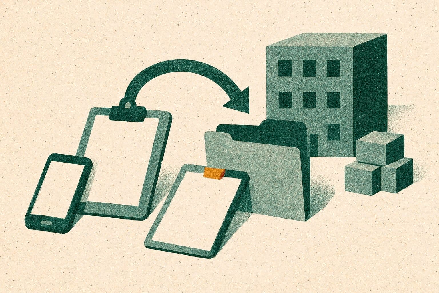 Illustration of a phone, clipboard, and document feeding into a folder beside a clinic building and boxes.