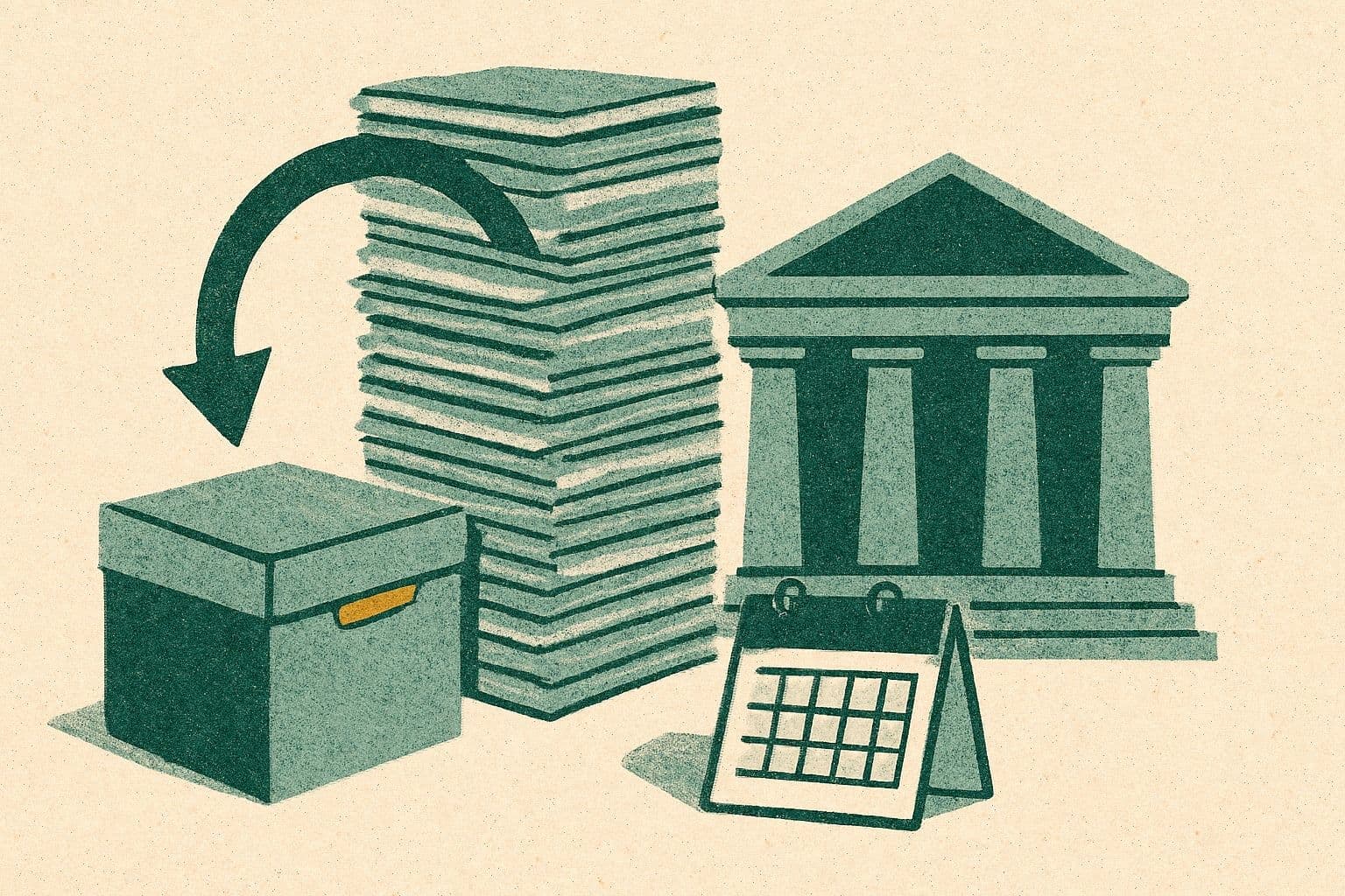 Illustration of a folder stack, courthouse, box, circular arrow, and calendar.