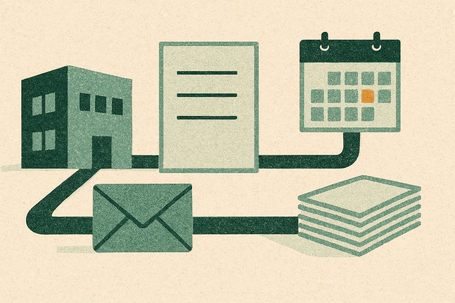 Illustration of a clinic building, plain document, sealed envelope, calendar, and stack of pages linked in a row.