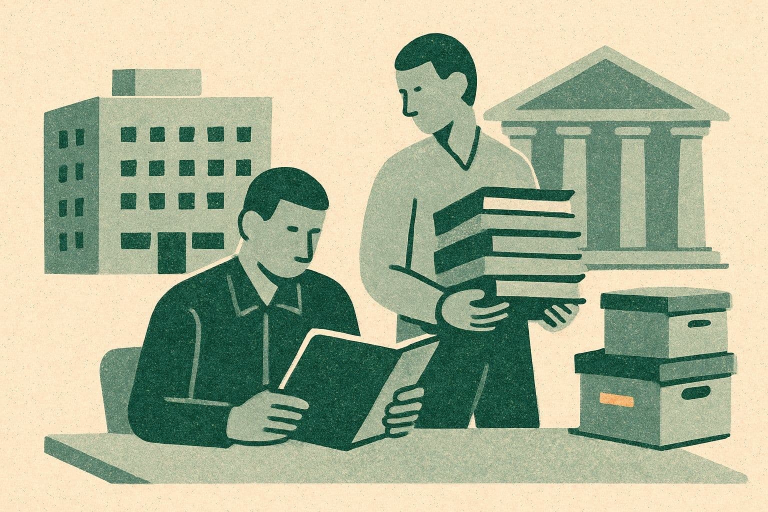 Illustration of two office figures with binder and folders, with hospital, courthouse, and archive boxes.