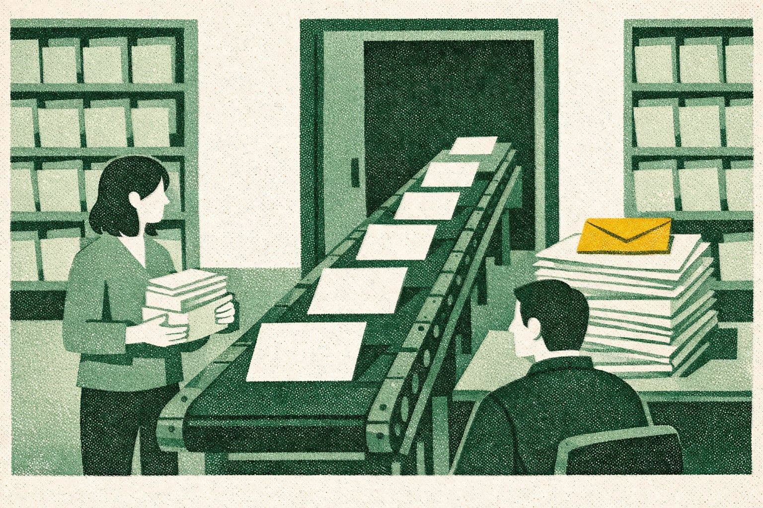 Illustration of two staff in a records room as blank pages move along a conveyor toward outgoing envelopes