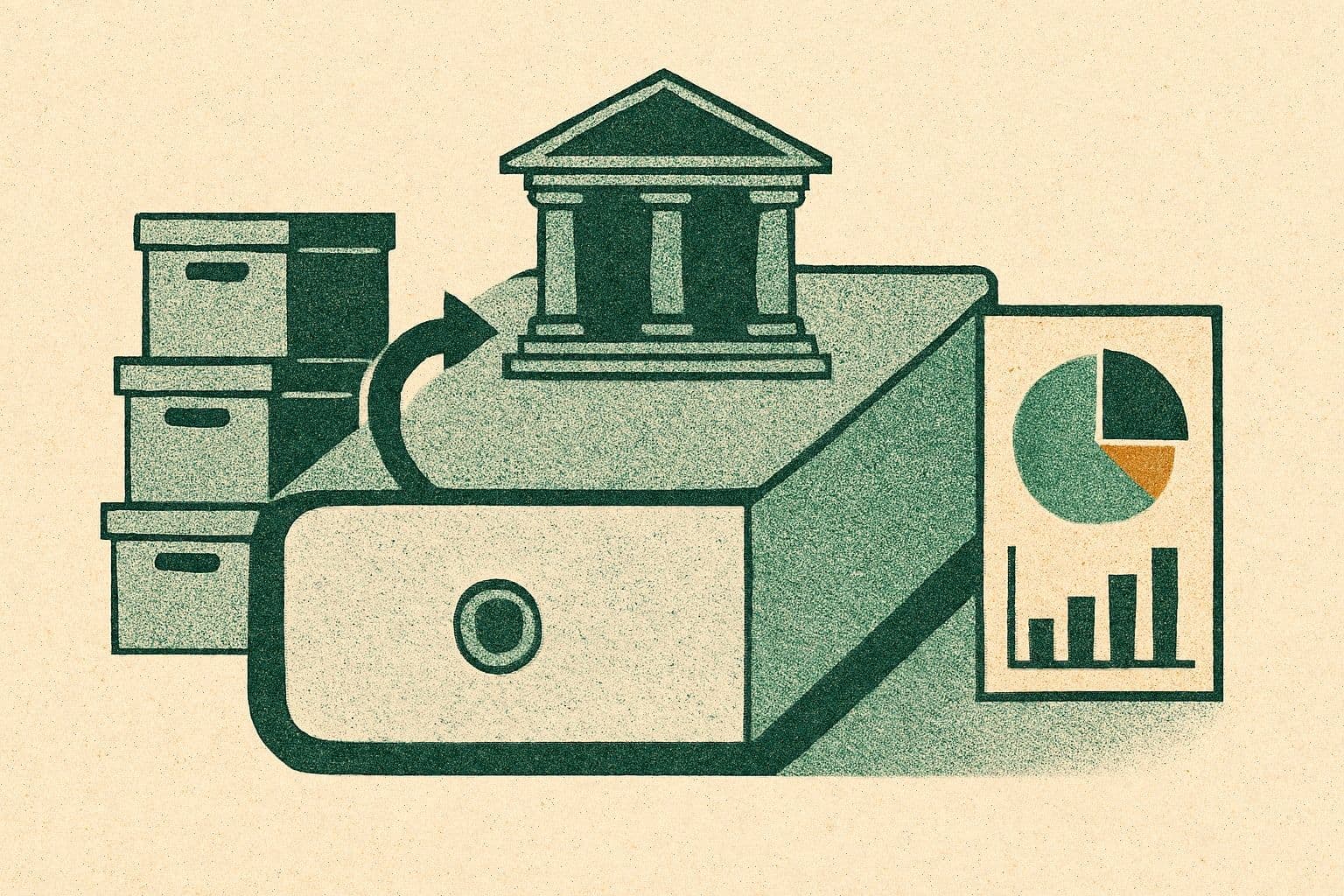 Illustration of a courthouse, large binder, several archive boxes, and a simple chart.
