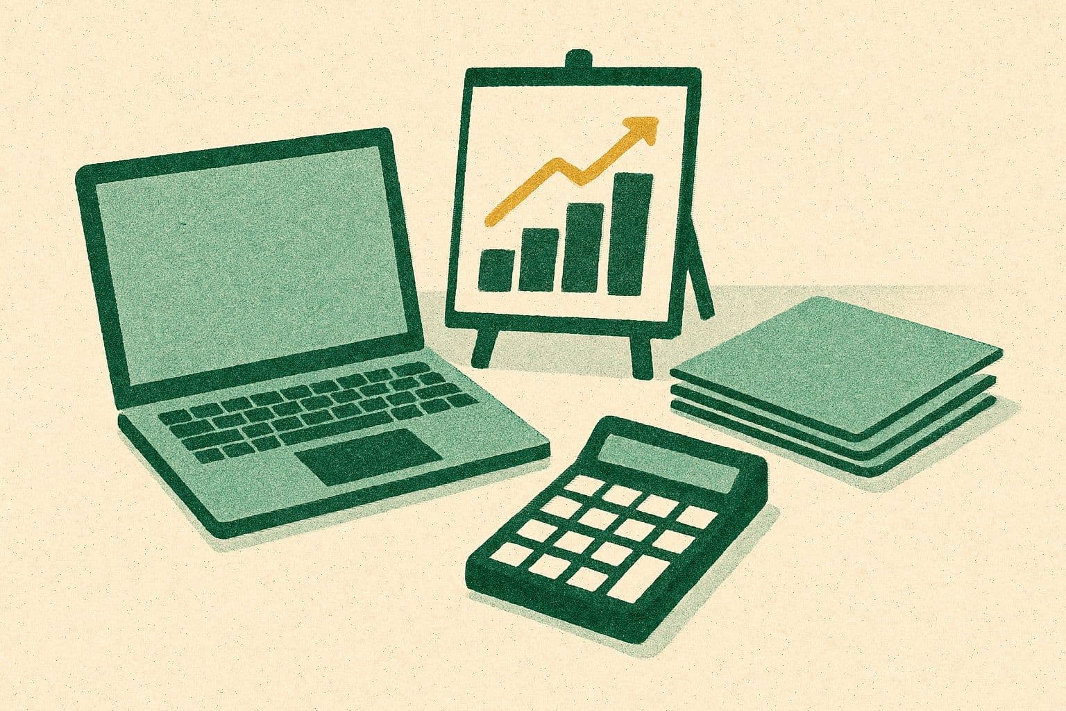 Illustration of a laptop, simple chart board, blank keypad, and plain folders on a desk.
