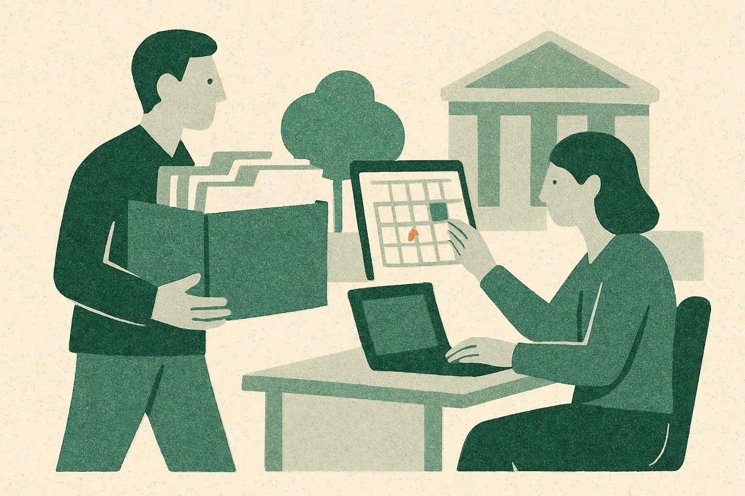Illustration of two office figures moving case files near a laptop and calendar with a courthouse behind.
