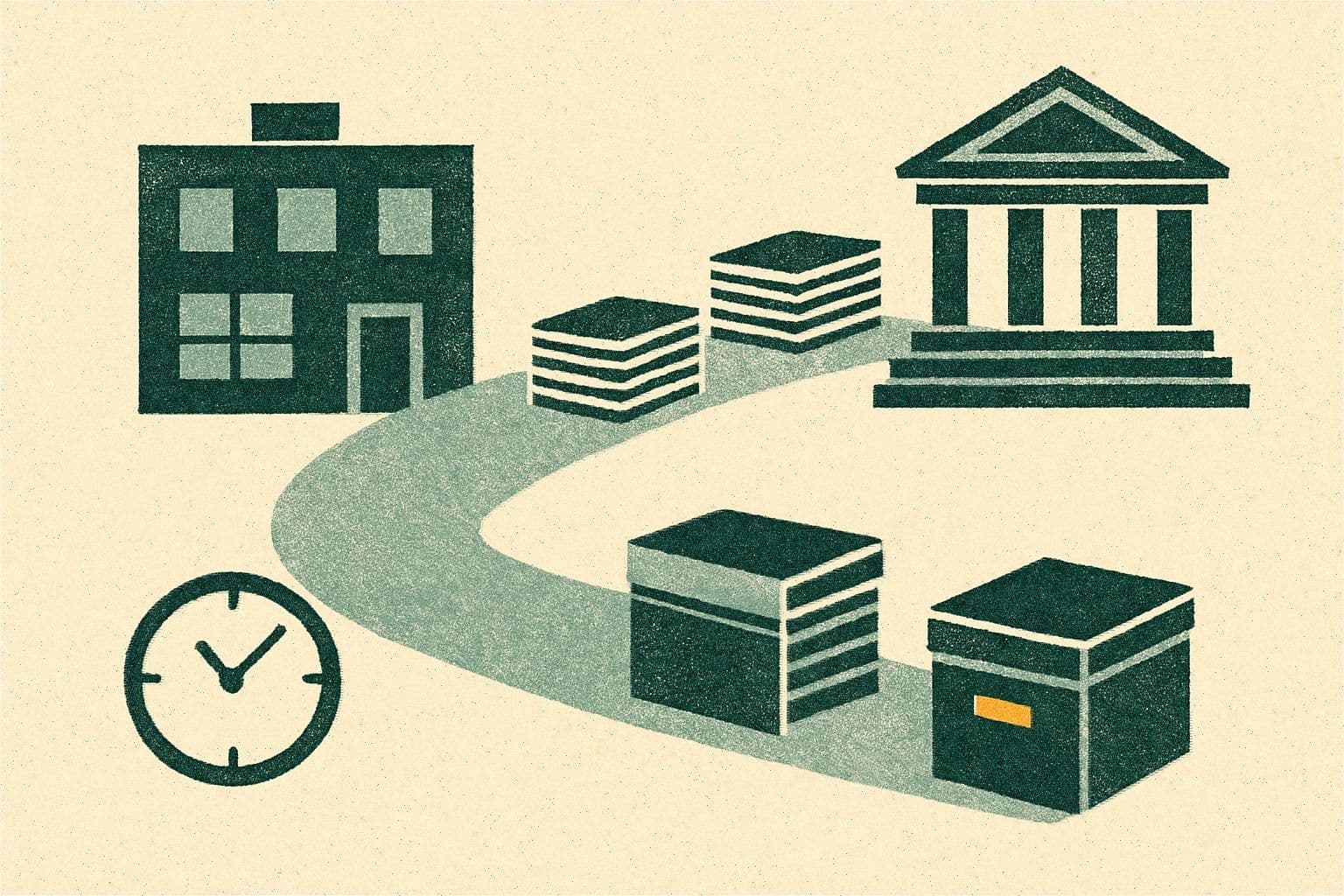 Illustration of a clinic and courthouse linked by a curved path, document stacks, a clock, and an archive box.