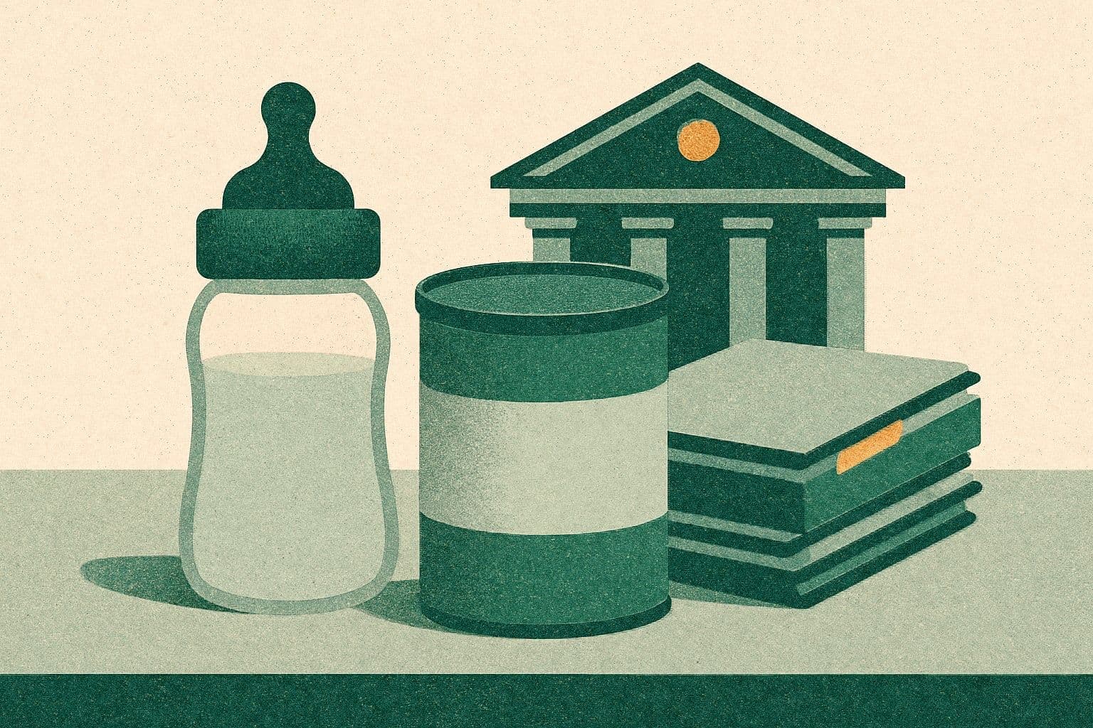 Illustration of a baby bottle and formula tin beside legal folders and a courthouse