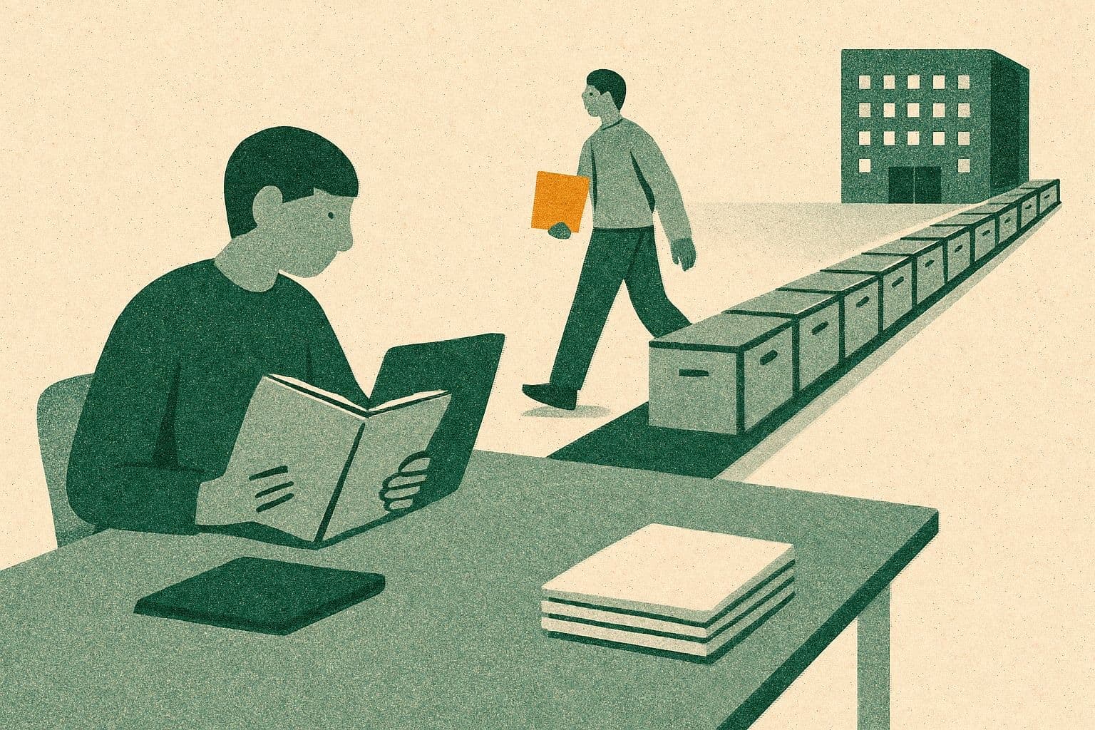Illustration of two office figures, a laptop, binder, conveyor of archive boxes, distant office building, and document stack.