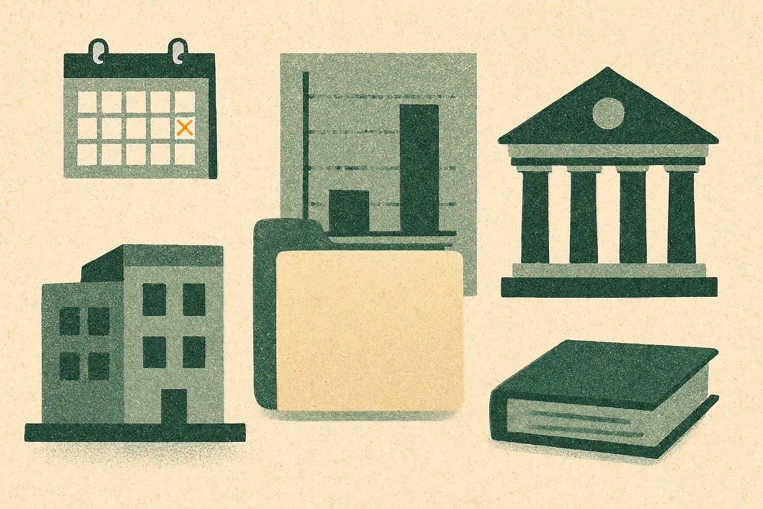 Illustration of a clinic, courthouse, folder, bounded chart column, calendar, and closed binder.